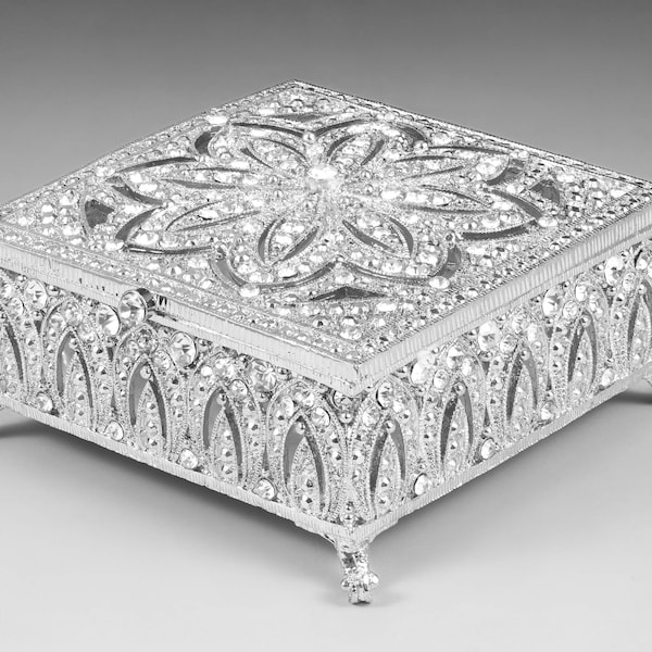 Luxurious Silver plated jewelry box, trinket box, jewelry holder, gift or home decor, raised jewelry box inlayed with Austrian crystals