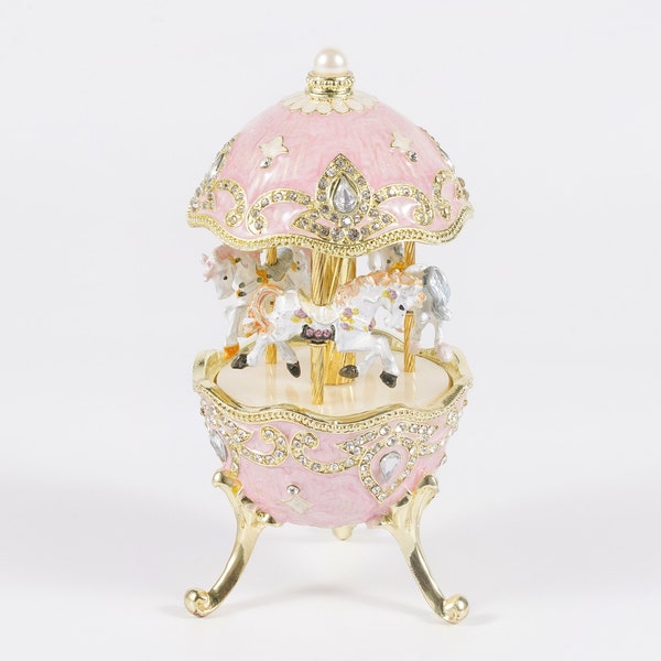 Peony Pink Carousel Music Box With White Horses figurines Wind Up Musical Handmade Home Decoration Plays edelweiss the sound of music