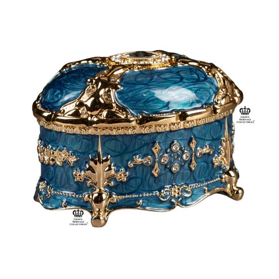 Oval Blue and Gold Music Box Plays Anastasia's 