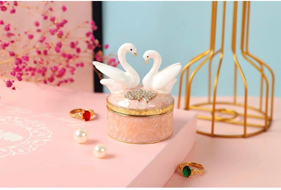 Swan Trinket Box Hinged Swarovski Crystal Enamele… - image 1