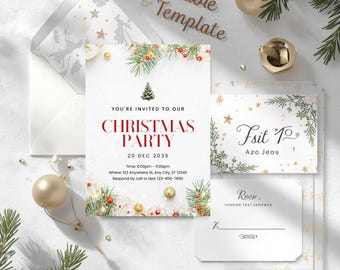 May include: A Christmas party invitation suite with a festive design. The invitation features the text "Christmas Party" in red, with event details. Includes matching cards, an envelope, and decorative elements like ornaments and greenery.