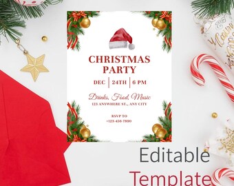 White Watercolor Christmas Party Invitation Template | Holiday Party Invite | Editable Xmas Invitation | Winter Party | Printable Digital