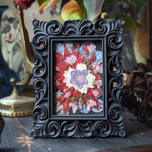 Tiny Framed Pressed Floral Art: Black Baroque Decor