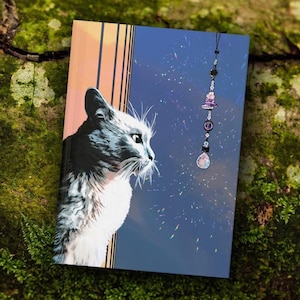Carnet cartonné chat blanc - Carnet chat duveteux avec oeuvres d'art en cristal, papeterie céleste confortable, cadeau pour amoureux des chats, journal d'écriture de rêve
