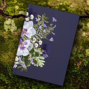White Orchid Hardcover Journal with Purple Accents, Floral Writing Journal, Pressed Flower Notebook