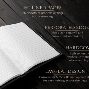 May include: Open notebook with lined pages. Features include 150 lined pages, perforated edges, a hardcover, and a lay-flat design. The notebook is 5.75" x 8" in size, with text that reads "150 Lined Pages" and "Hardcover".