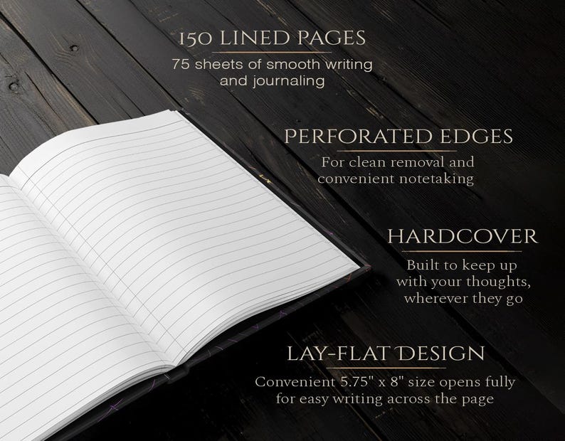 May include: Open notebook with lined pages. Features include 150 lined pages, perforated edges, a hardcover, and a lay-flat design. The notebook is 5.75" x 8" in size, with text that reads "150 Lined Pages" and "Hardcover".
