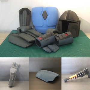 May include: A set of foam armor pieces for cosplay or costume making. The set includes a chest piece, helmet, arm pieces, and leg pieces. The pieces are all dark gray and blue.