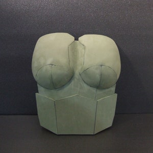 May include: A green, molded, plastic, segmented, body armor piece.