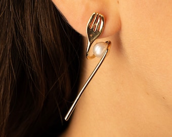Gold, Stud, Fork And Spoon, Earrings, Silverware, Mismatched Earrings, Weird Earrings, Cool Earrings, Quirky Earrings, Funny Earrings