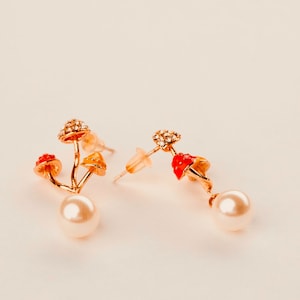 Mushroom Earrings, Pearl Earrings, Dangle Earrings, Gold Boho Earrings, Unique Earrings, Vintage Jewelry, 21st Birthday Gift For Her