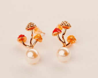 Mushroom Earrings, Pearl Earrings, Dangle Earrings, Gold Boho Earrings, Unique Earrings, Vintage Jewelry, 21st Birthday Gift For Her