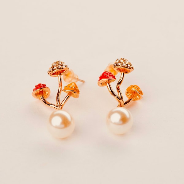 Mushroom Earrings, Pearl Earrings, Dangle Earrings, Gold Boho Earrings, Unique Earrings, Vintage Jewelry, 21st Birthday Gift For Her