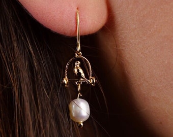 Pearl, Bird Earrings, Bird Cage, Weird Earrings, Quirky Earrings, Cool Earrings, 21st Birthday Gift For Her, 50th Birthday Gift For Women,