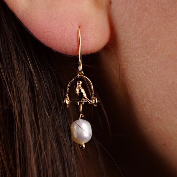 Perle, boucles d'oreilles oiseau, cage à oiseau, boucles d'oreilles étranges, boucles d'oreilles originales, boucles d'oreilles cool, cadeau 21e anniversaire pour elle, cadeau 50e anniversaire pour femme,