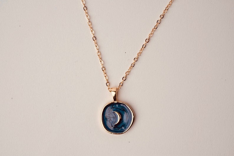 Moon Necklace, Circle Pendant Necklace, Blue Pendant, Gold Necklace, Dainty Necklace, Layering Necklace, Tiny Necklace Gold, Gift For Her image 1