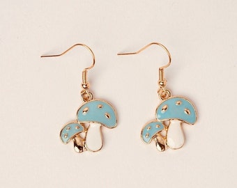 Mushroom Earrings, Dangle Earrings, Blue Jewelry, Enamel Earrings, Cute Jewelry, Kids Jewelry, Unique Earrings, Mushroom Jewelry