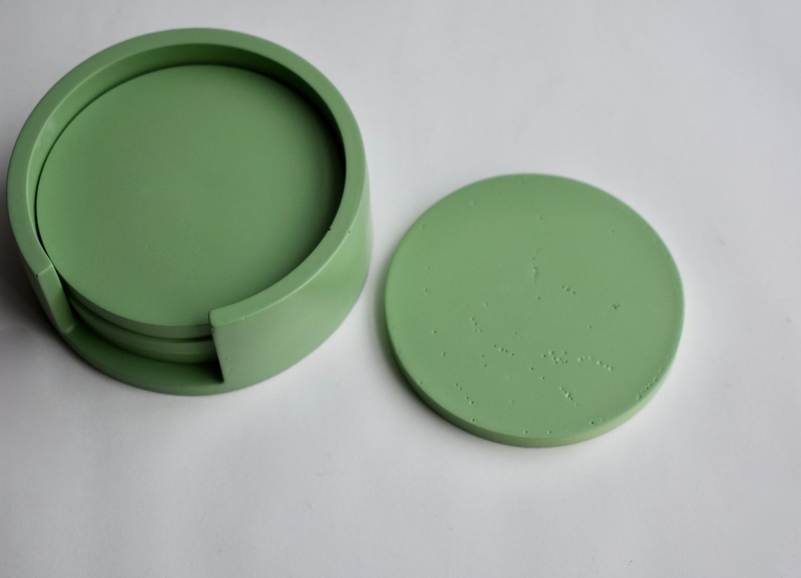 Green Coaster Set 4 Coasters with Holder Casted Painted Etsy