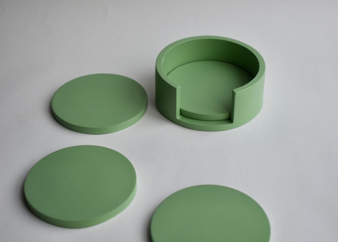 Green Coaster Set 4 Coasters with Holder Casted Painted Etsy
