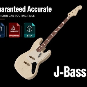 May include: A light-coloured J-Bass guitar body and neck with a white pickguard and dark fretboard. Text reads Guaranteed Accurate, PRECISION CAD ROUTING FILES, J-Bass, and icons for IGS, SOLIDWORKS, and STEP file formats on a black background.
