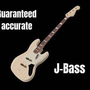 Może przedstawiać: Jasny korpus gitary J-Bass z brązową szyjką i podstrunnicą. Korpus ma dwa wycięcia i czarny pickguard. Tekst "Guaranteed accurate" i "J-Bass" jest wyświetlany na biało.