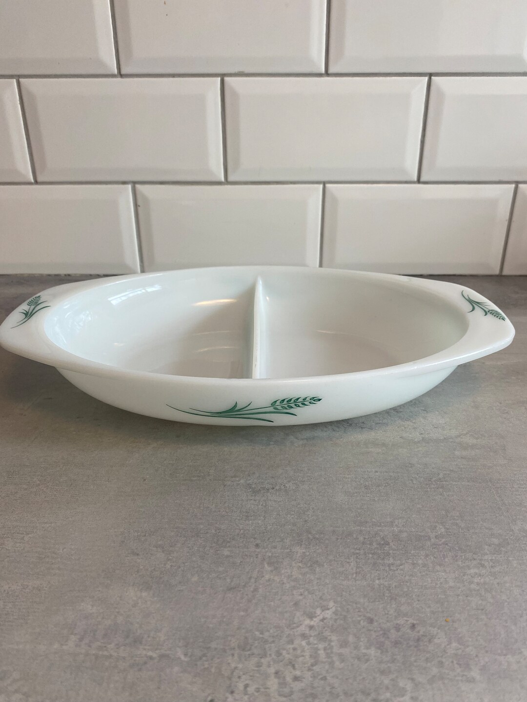 Vintage Pyrex Serving Dish With Divider. Green Wheat Sheaf Etsy