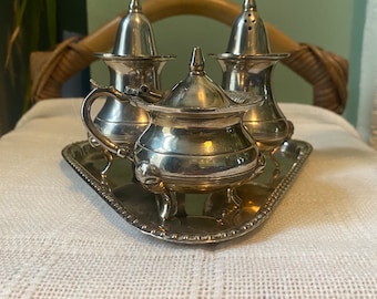 Vintage Silver Pepper Salt Petrer and Mustard Pots Set With a Tray