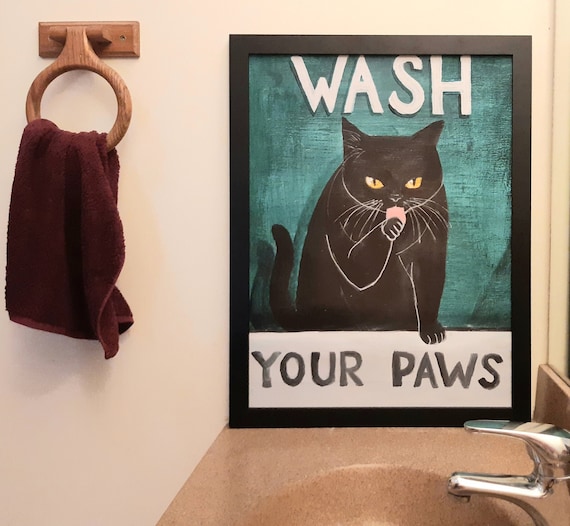 Cat Bathroom Print Black Cat Painting Cat Bathroom Art Etsy