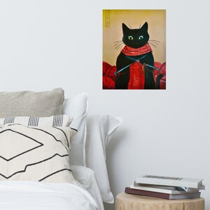 Black Cat Portrait Wall Art Print Knitting Cat Painting Cat Portrait Original Acrylic Painting Cat Poster image 3