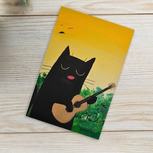 Black Cat Postcard - Guitar | Cat Stationery | Cat Art | Black Cat Portrait