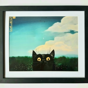 Impressão de arte de gato preto - verde | Retrato de gato | Arte de parede de gato | Pintura acrílica original | Pôster de gato