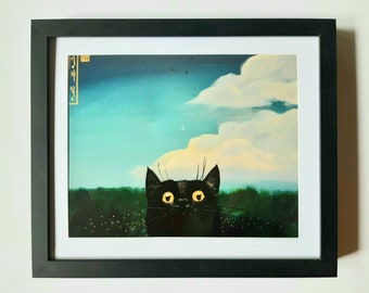 Black Cat Art Print – Louie Dreams of Flying, Green Prairie (8x10)