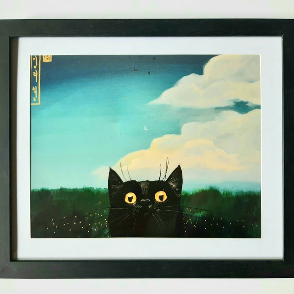 Black Cat Art Print - Green | Cat Portrait | Cat Wall Art | Original Acrylic Painting | Cat Poster
