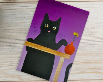 Cartolina gatto nero - Viola / Cancelleria per gatti / Arte del gatto / Ritratto del gatto nero