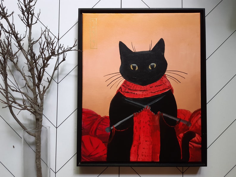 Black Cat Portrait Wall Art Print Knitting Cat Painting Cat Portrait Original Acrylic Painting Cat Poster image 1