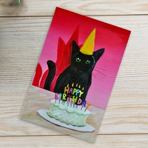 Cartão postal de gato preto - Aniversário | Papelaria para gatos | Retrato de gato preto | Presente para amantes de gatos