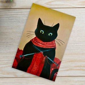 Cartão postal de gato preto - Tricô | Papelaria para gatos | Arte com gatos | Retrato de gato preto