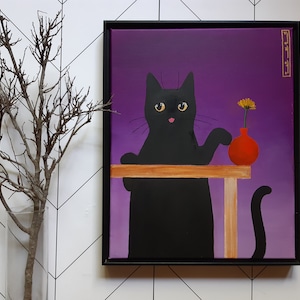 Black Cat Art Print - Purple | Cat Portrait | Cat Art | Original Acrylic Painting | Cat Poster
