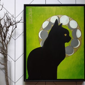 Black Cat Art Print - Moon | Cat Portrait | Cat Art | Original Acrylic Painting | Cat Poster