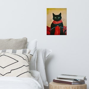 Black Cat Portrait Wall Art Print Knitting Cat Painting Cat Portrait Original Acrylic Painting Cat Poster image 2