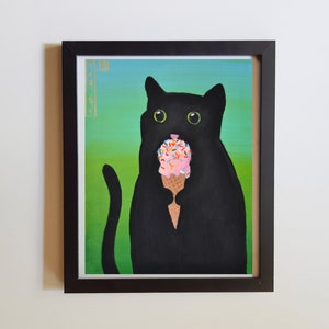 Black Cat Art Print -- Green | Cute Ice Cream Cat | Cat Art | Black Cat Portrait | Cat Poster | Nursery Cat Print
