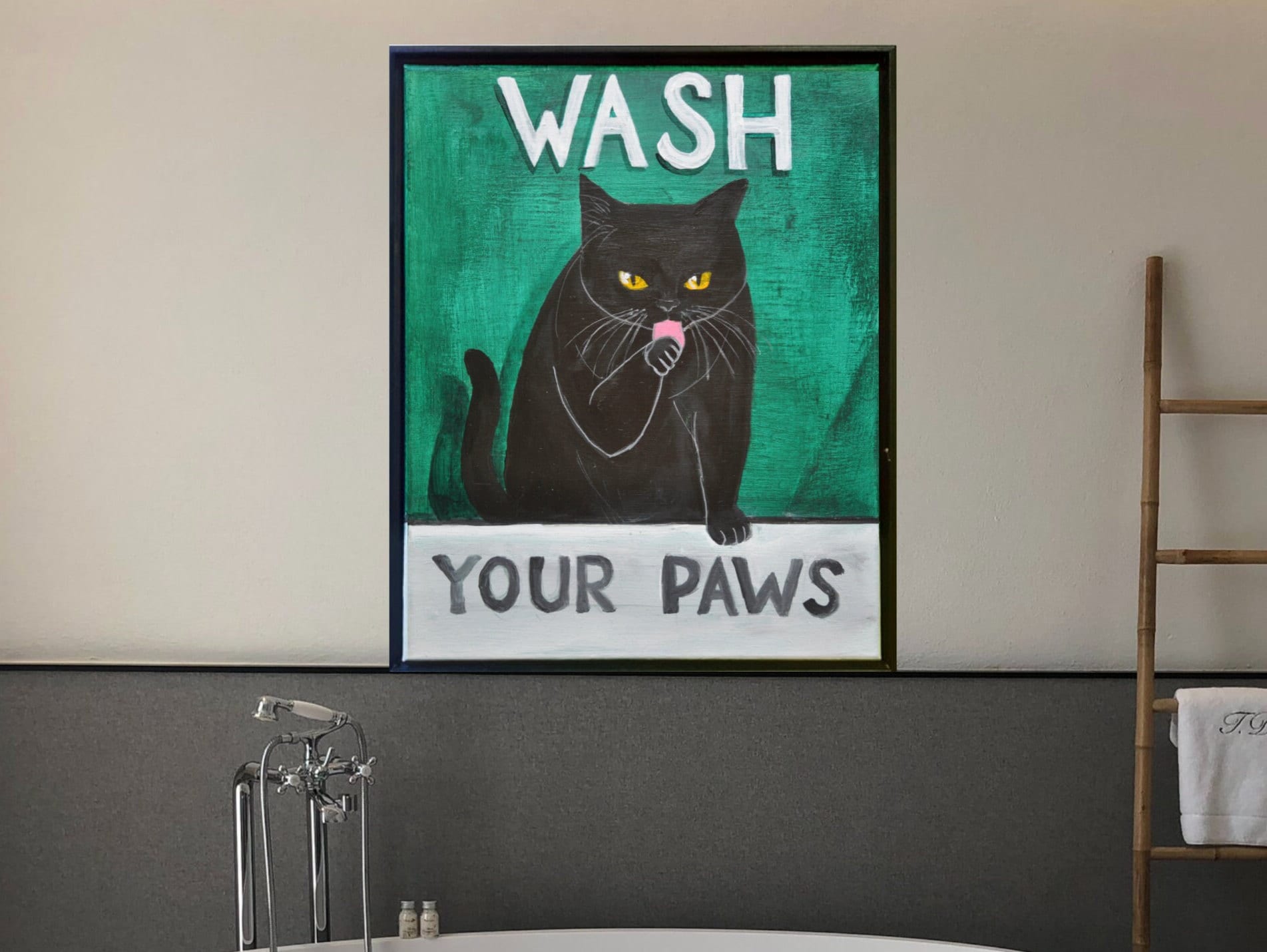 Black Cat Painting Bathroom Art Print Wash Your Paws Etsy
