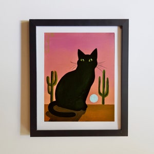 Black Cat Art Print - Pink | Cat Portrait | Original Acrylic Art | Cat Poster