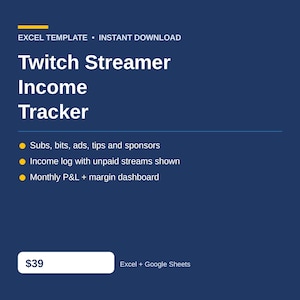 Excel-Tabelle zur Erfassung der Twitch-Streamer-Einnahmen, Protokoll der Abos, Bits und Trinkgelder, Sponsoreneinnahmen und Gewinn- und Verlustrechnung