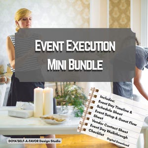 Puede incluir: Un paquete de descarga digital titulado "Event Execution Mini Bundle" con una lista de elementos incluidos: Hoja de cronograma y programación del día del evento, Hoja de configuración y flujo de invitados, Hoja de contacto del proveedor, Lista de verificación del día del evento. La imagen también incluye dos velas blancas.