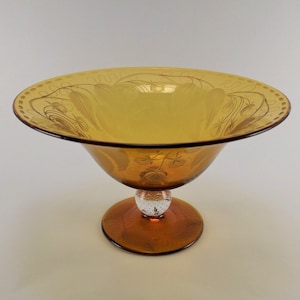 Pairpoint Blackberry Engraved Amber Glass Compote Bubble Ball Stem Rare