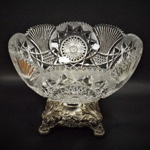 ABP Brilliant Cut Glass Punch Bowl Meriden Silver Plate Dolphin Base
