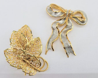 Judy Lee Leaf Pin and Unsigned Ribbon Bow Pins