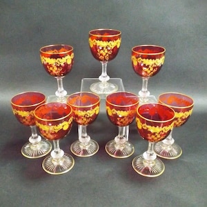 Moser Acid Etch Gold Encrusted Cranberry Wine Glass Cut Stem Set of 9