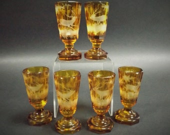 Moser Boho ambra tagliata a trasparente Foresta Nera cervo cervo cordiale bicchierini set di 6 molto rari